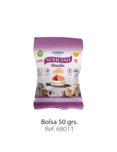 SERRANO SNACKS PARA GATOS ANTI-HAIRBALL, SALMON Y ATUN 25X50