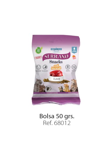 SERRANO SNACKS PARA GATOS ANTI-HAIRBALL, HIGADO 25X50GR