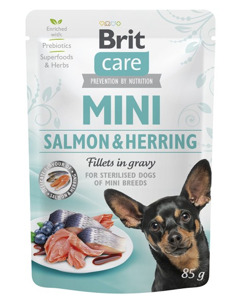 BRIT CARE MINI SALMON HEARING FILLETS IN GRAVY 85GR (24UD)