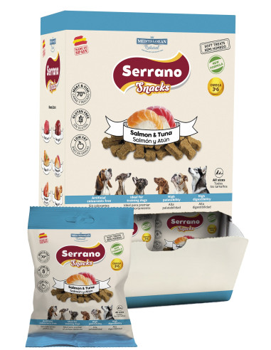 SERRANO SNACKS PARA PERROS SALMON Y ATUN 25X85GR