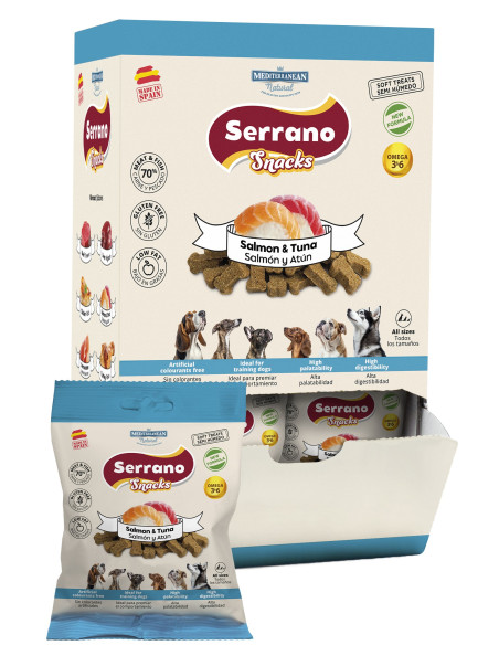 SERRANO SNACKS PARA PERROS SALMON Y ATUN 25X85GR