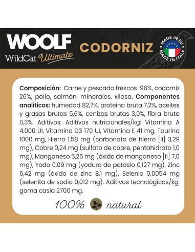 WOOLF ULTIMATE HÚMEDO GATO ADULTO - ESTERILIZADO CODORNIZ 85gr