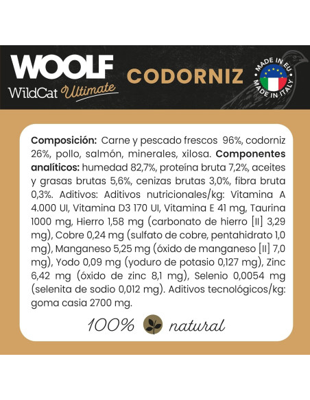 WOOLF ULTIMATE HÚMEDO GATO ADULTO - ESTERILIZADO CODORNIZ 85gr