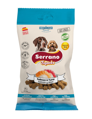 SERRANO SNACK PARA PERROS 100g, DE SALMÓN (CAJA 12UD)