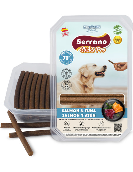 SERRANO STICKS PRO CON SALMON Y ATÚN, 800 g (CAJA 9UD)